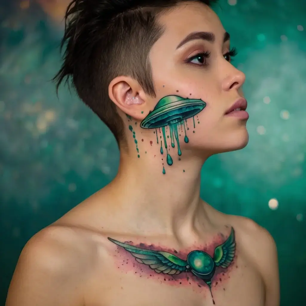 Face tattoo of a melting UFO with vivid colors and droplets. Chest tattoo features an orb with symmetrical wings.