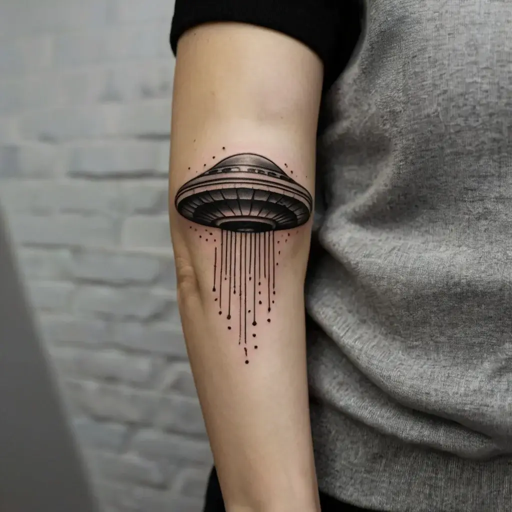 UFO tattoo on the arm with a detailed disc shape; lines and dots suggest rays or beams. Black and grey style.