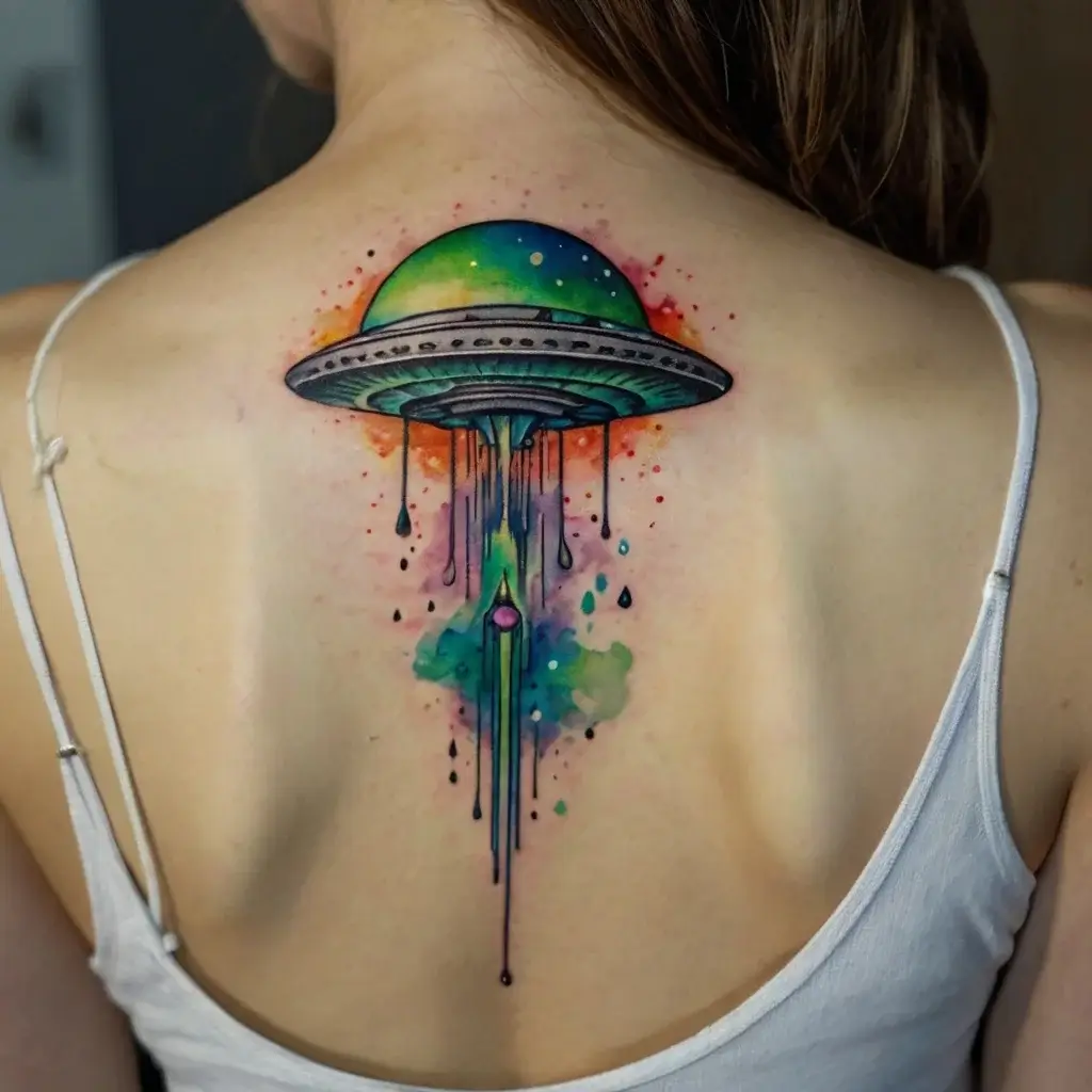 Colorful UFO tattoo on back, featuring vibrant greens and blues with watercolor drips and cosmic accents.