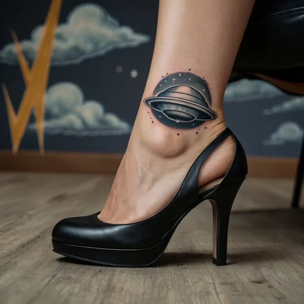 Tattoo of a realistic planet with rings, surrounded by stars, placed on the ankle. Bold shading adds depth and dimension.