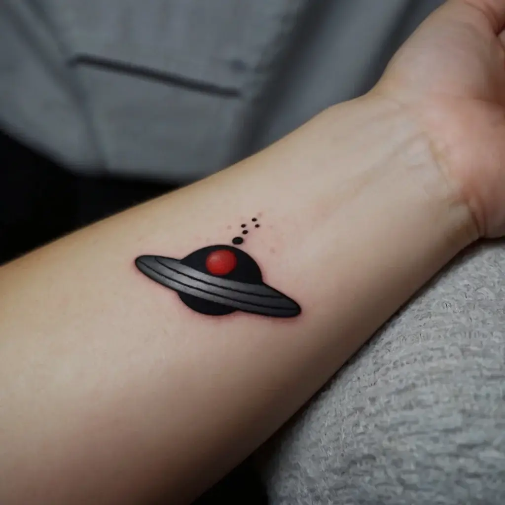 A minimalist tattoo of a red planet with black rings and dots, symbolizing mystery and cosmic exploration.