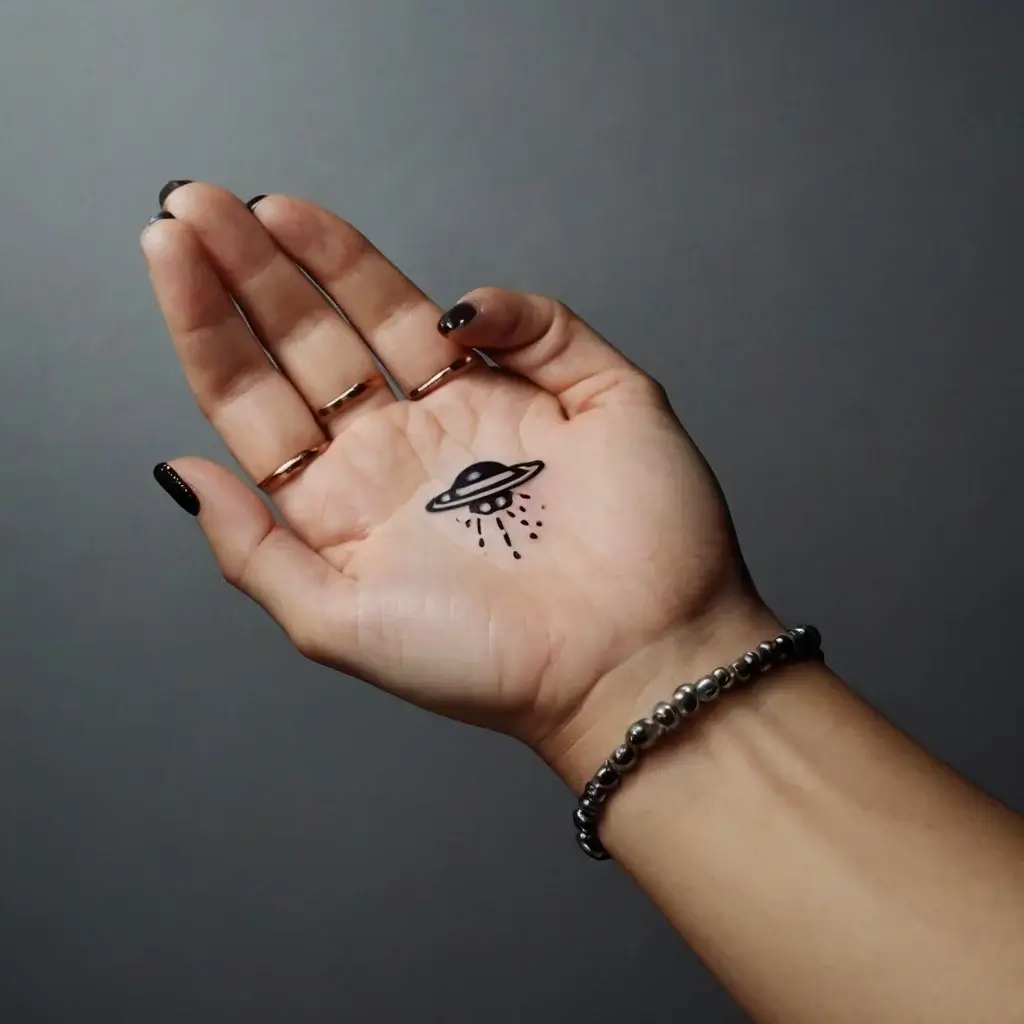 Minimalist UFO tattoo on palm, featuring a saucer emitting beams and dots, symbolizing curiosity and the unknown.