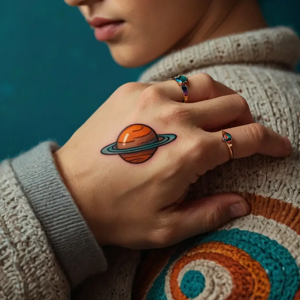 Tattoo of a vibrant orange and blue ringed planet on a hand, showcasing bold outlines and smooth shading.