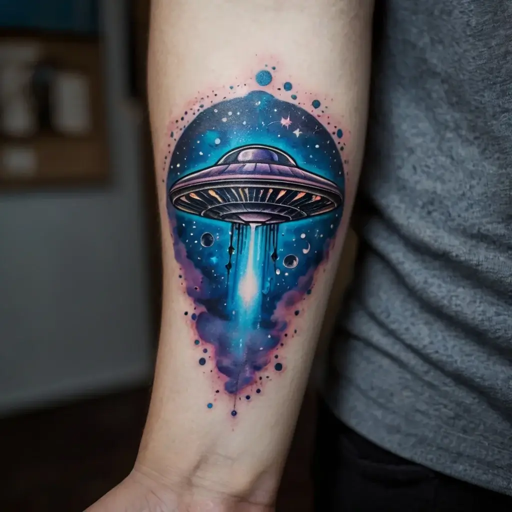 Vibrant UFO tattoo with a colorful cosmic background, including stars and nebulae, showcasing an abduction beam.