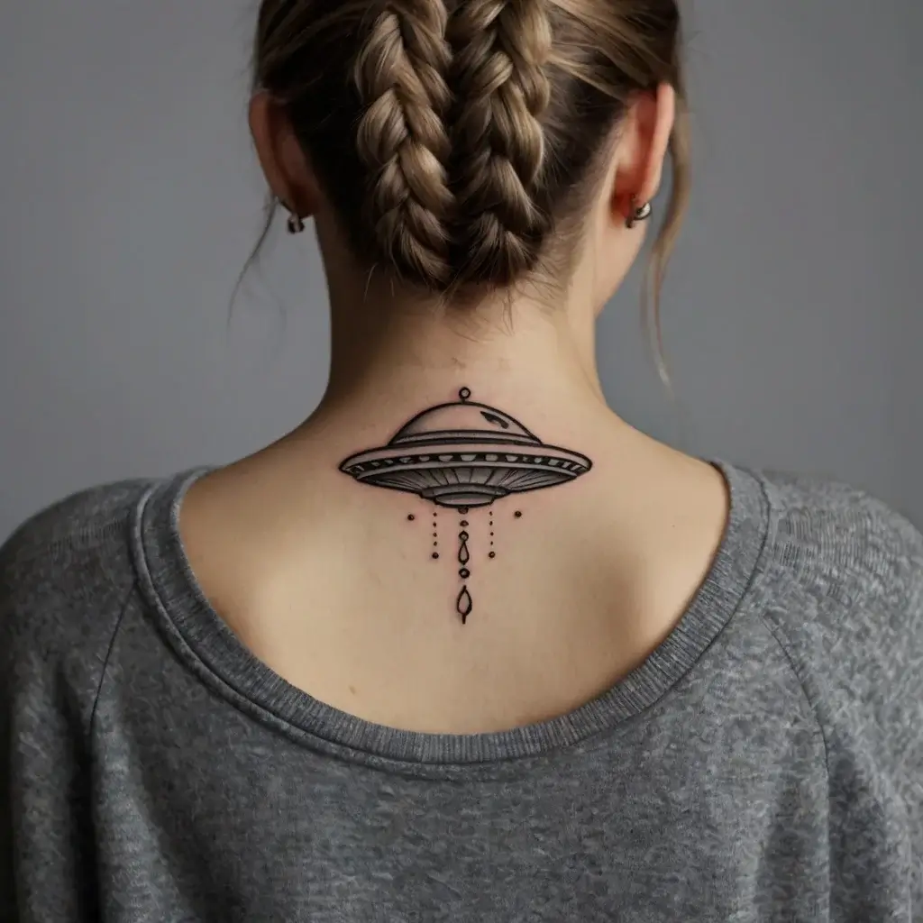 Tattoo of a UFO with geometric details, hovering on the upper back, featuring dots and lines for an artistic flair.