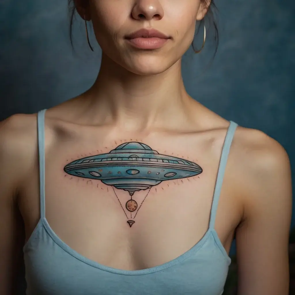 Tattoo of a UFO abducting a planet, set on the chest. The saucer is detailed in blue and gray, with abstract shading.