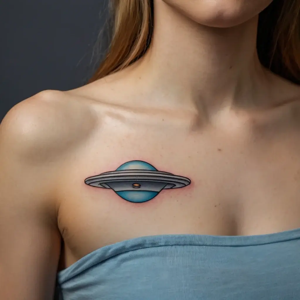 Tattoo of a Saturn-like planet with blue hues and detailed rings, located on the chest, symbolizing exploration.