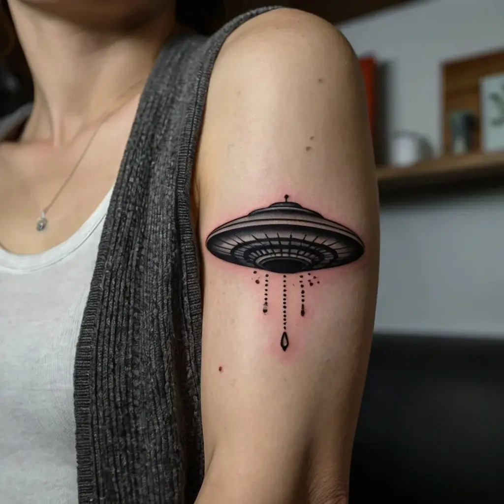 Tattoo of a UFO on the arm, featuring black ink with delicate dotwork beams extending downward.