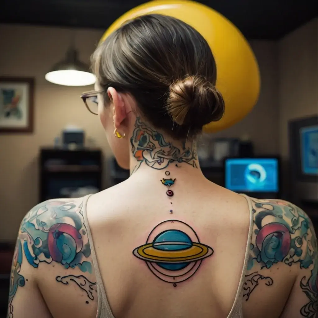 Colorful Saturn tattoo with cosmic symbols on back, surrounded by abstract patterns and vibrant wave designs on shoulders.