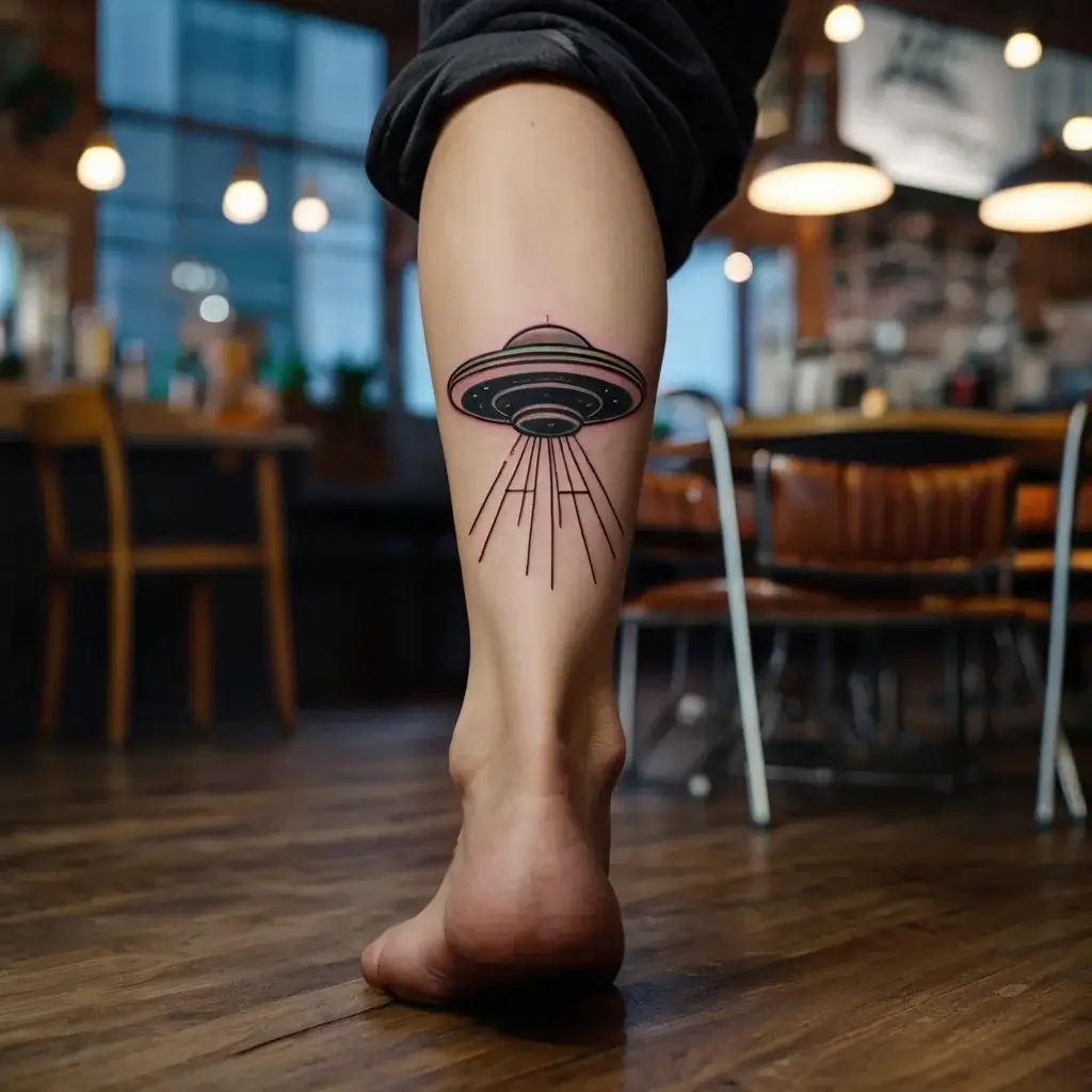 Tattoo of a UFO on a calf, emitting beams. Clean lines and subtle shading create a modern, sci-fi aesthetic.