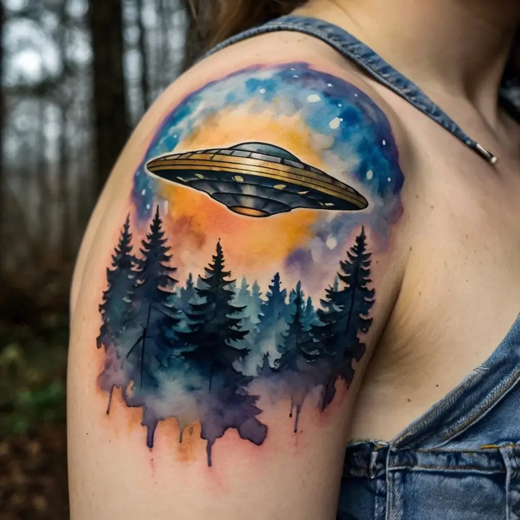 Watercolor tattoo of a UFO over a pine forest, blending vibrant blues, oranges, and purples, creating a cosmic scene.