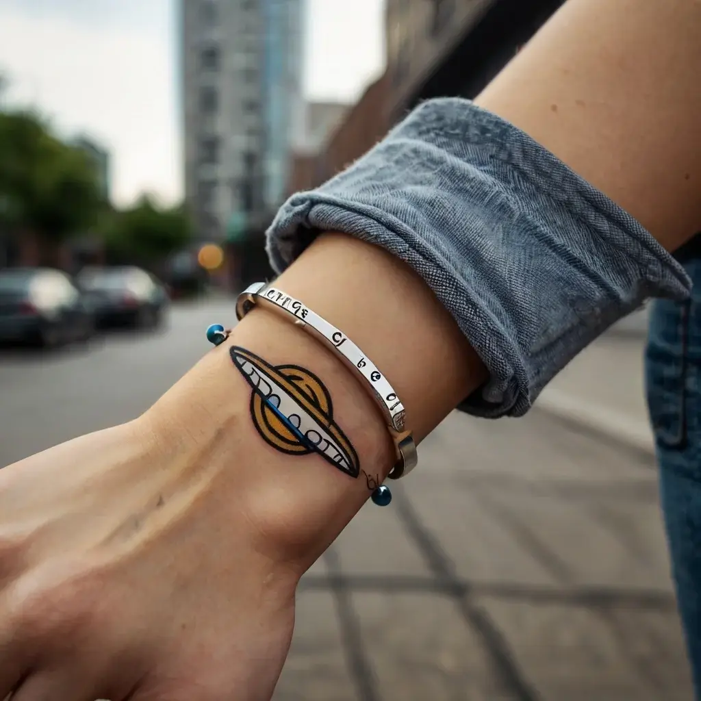 Colorful Saturn tattoo on wrist with intricate linework and vibrant rings, symbolizing space and exploration.