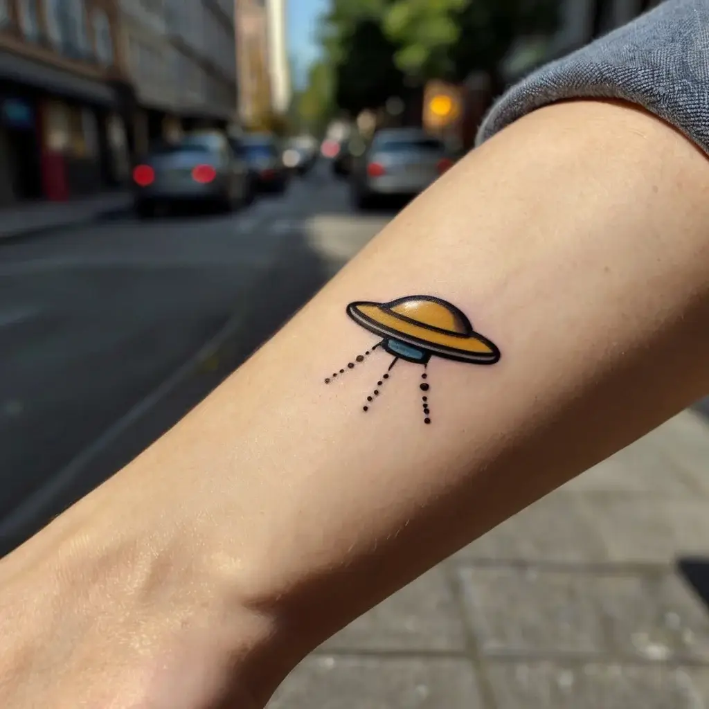 Minimalist UFO tattoo with a yellow saucer beaming down dotted lines; symbolizes mystery and exploration.