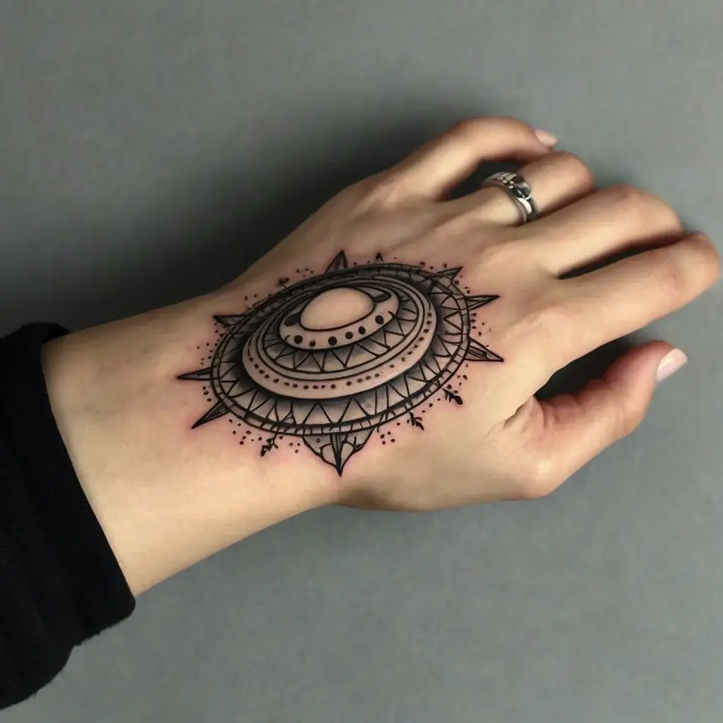 Mandala-inspired tattoo on hand with concentric circles, geometric patterns, and fine dotwork, evoking cosmic energy.