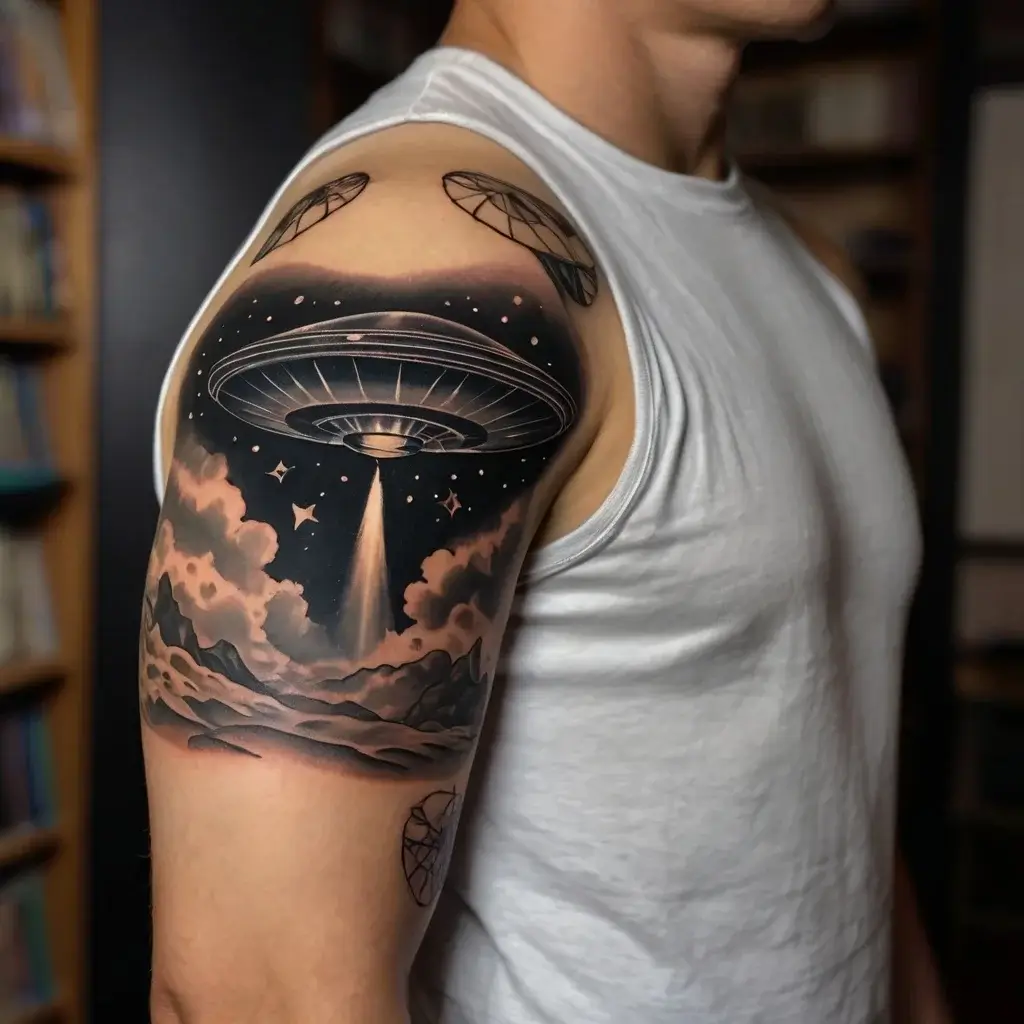 UFO tattoo with beam of light over landscape, surrounded by stars and clouds, creating a mysterious, cosmic scene.