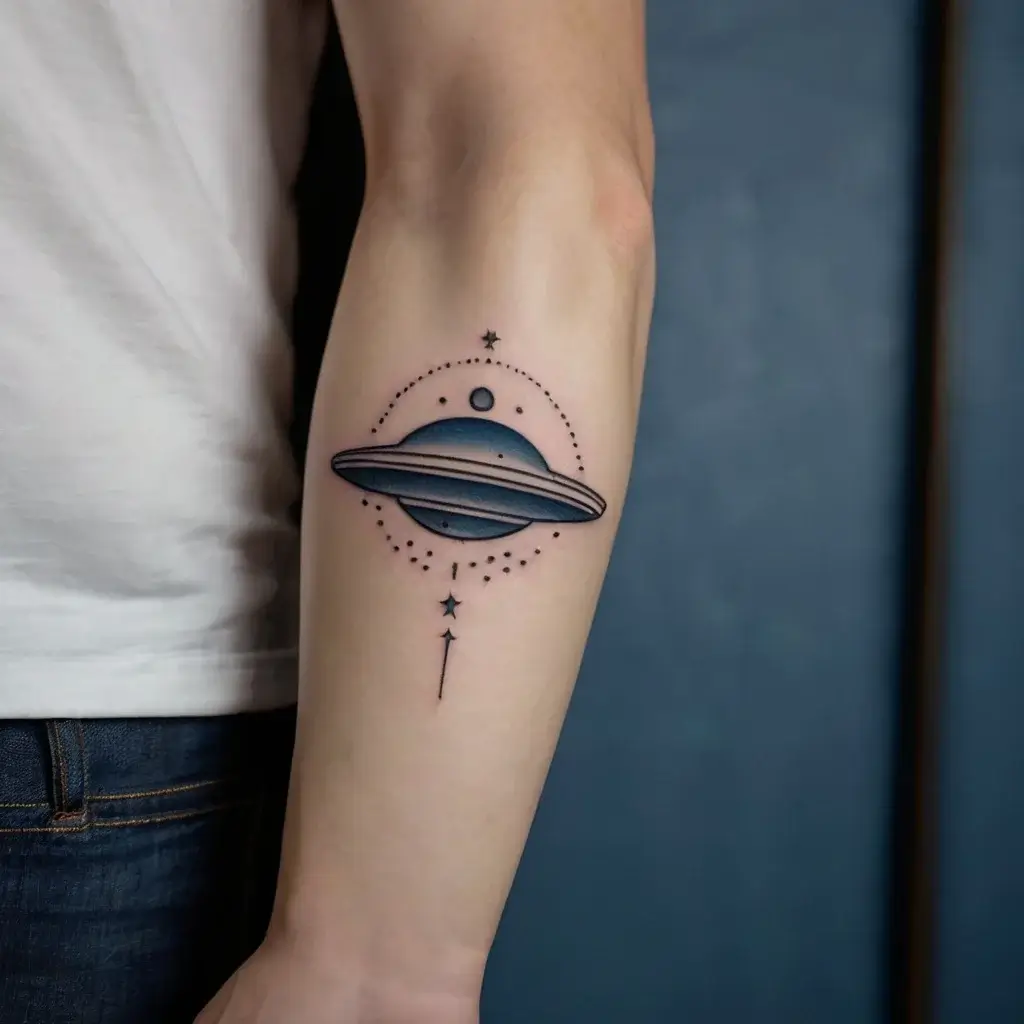 A minimalist tattoo of a ringed planet surrounded by stars and dots, evoking a sense of cosmic wonder on the forearm.