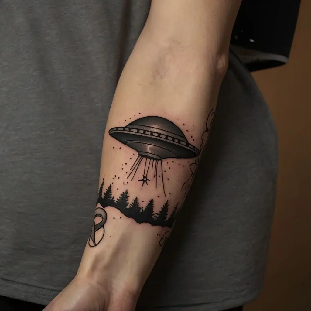 Tattoo of a UFO hovering above a forest, beaming downward with stylized rays and dotted stars, surrounded by a dark skyline.