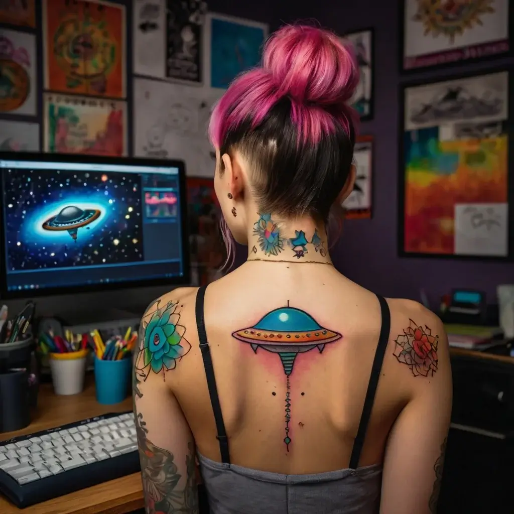 Back tattoo of a vibrant UFO and beam, with floral and geometric designs on shoulders and neck, in a colorful studio setting.