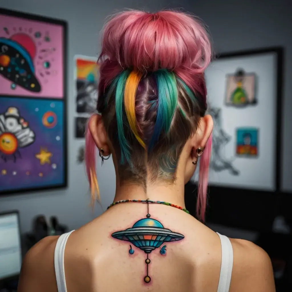 Colorful UFO tattoo on the upper back, featuring vibrant shades and decorative geometric patterns.