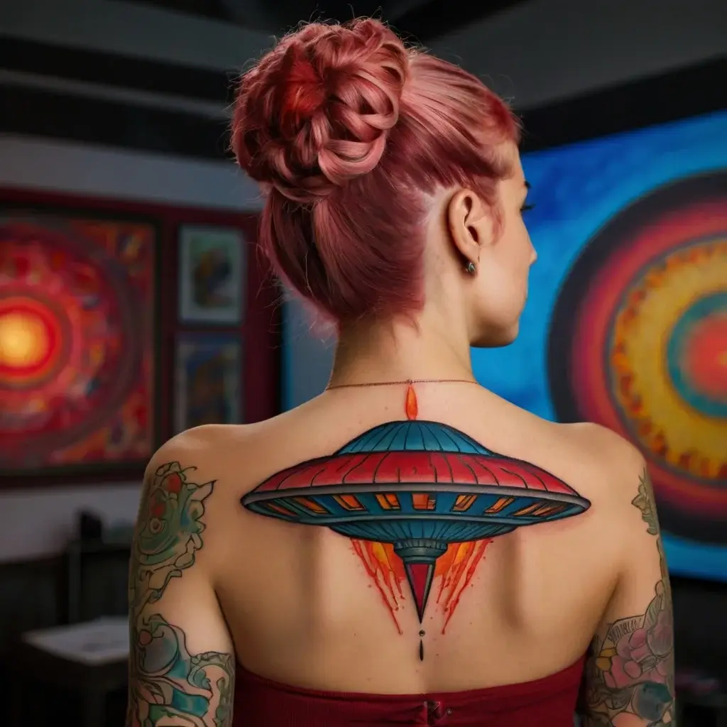 A vibrant UFO tattoo on the upper back, featuring bright blues and reds, with flames underneath, suggesting flight.