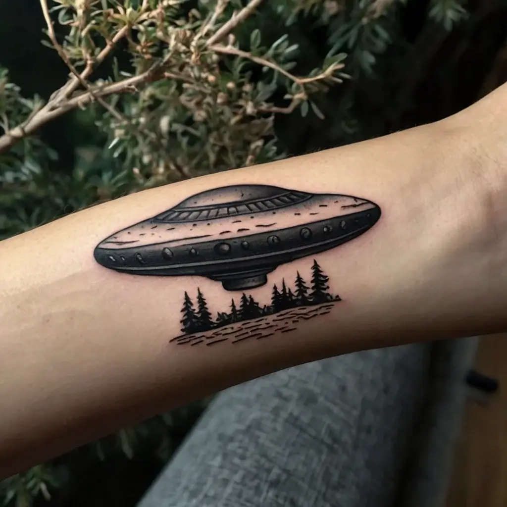 Tattoo of a UFO hovering over pine trees, using bold black ink with intricate detailing for a mysterious, otherworldly feel.