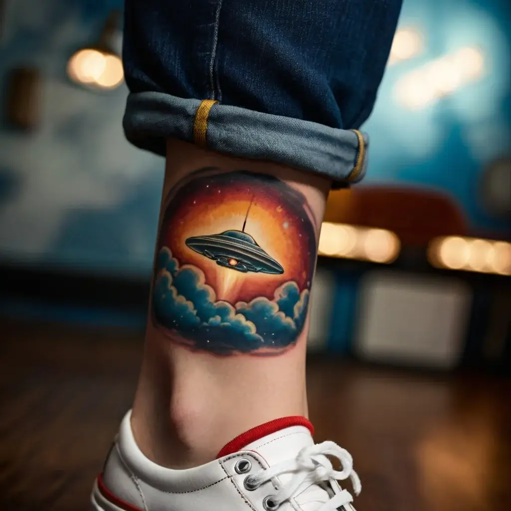 Tattoo of a UFO emerging from colorful clouds against a twilight sky, creating a vivid scene of extraterrestrial wonder.