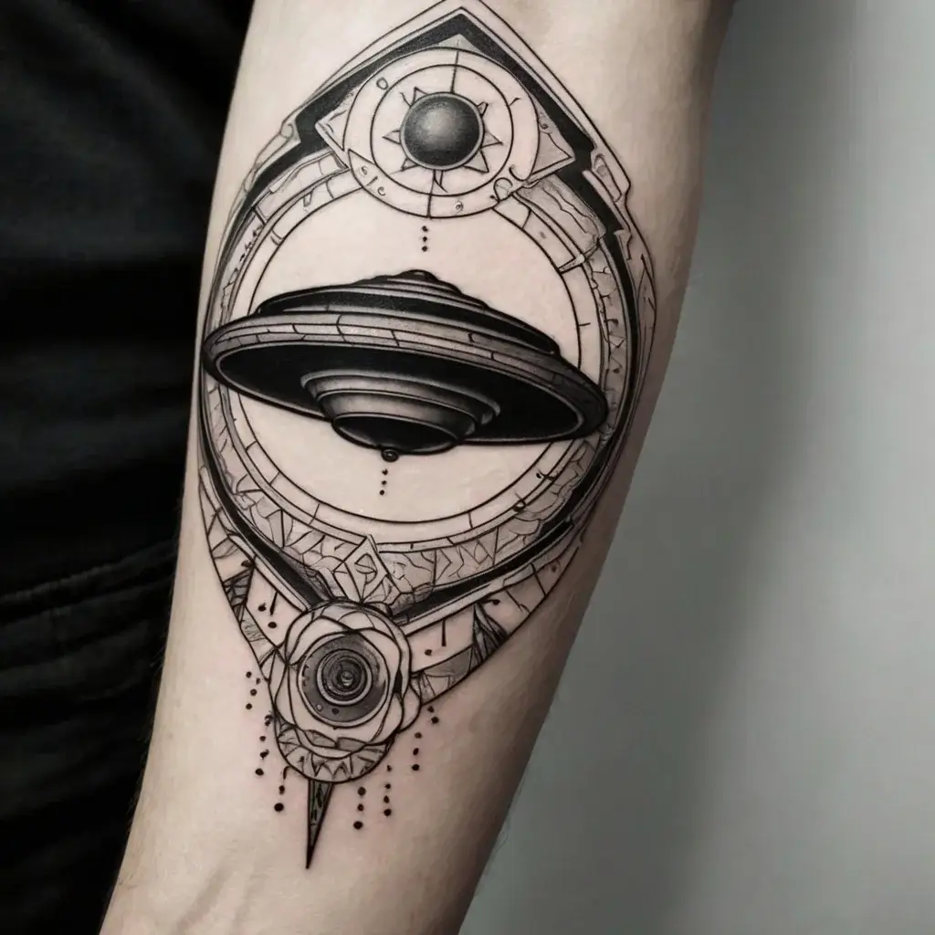 Geometric tattoo with a UFO, abstract shapes, and an eye motif, combining intricate lines and dotwork for a mystical effect.