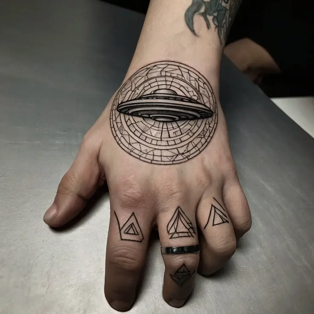 Geometric hand tattoo featuring a UFO with intricate linework and circular patterns, highlighting triangles on fingers.