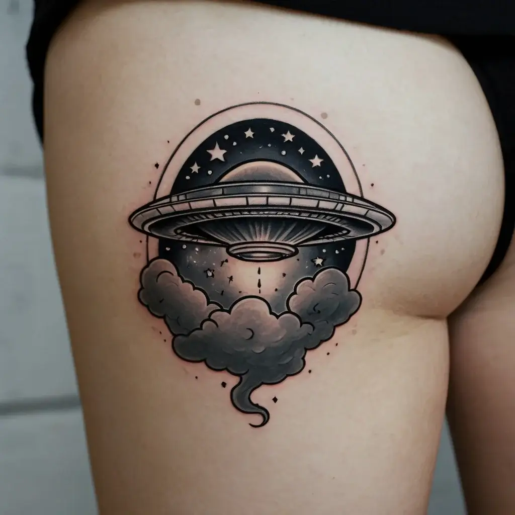 Tattoo of a UFO hovering amidst cosmic clouds and stars, creating a mystical, otherworldly scene on the thigh.