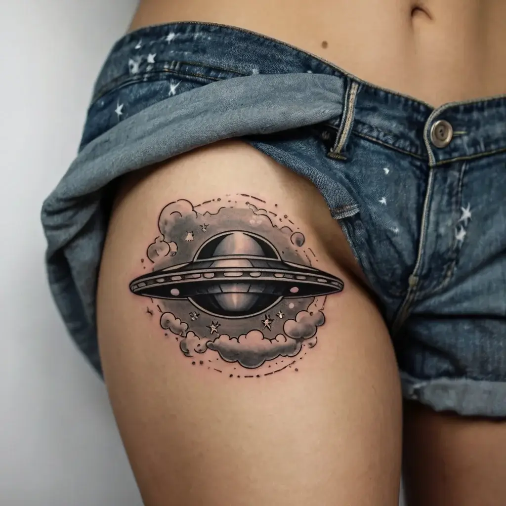 Tattoo of a UFO hovering over clouds with stars, in black and gray, on the thigh. Realistic shading and cosmic theme.