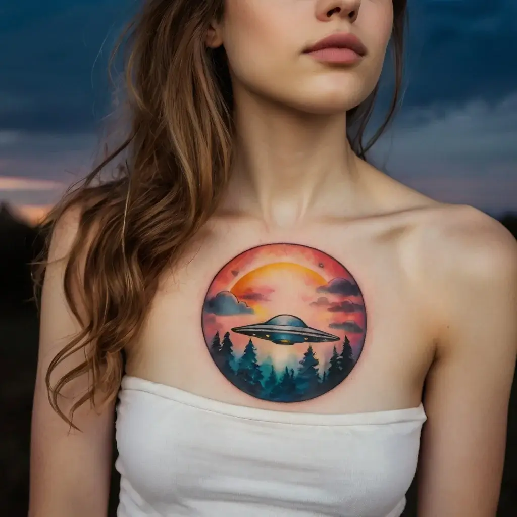 Tattoo of a UFO over a forest, set against a vibrant sunset sky with clouds and stars, creating a surreal landscape.