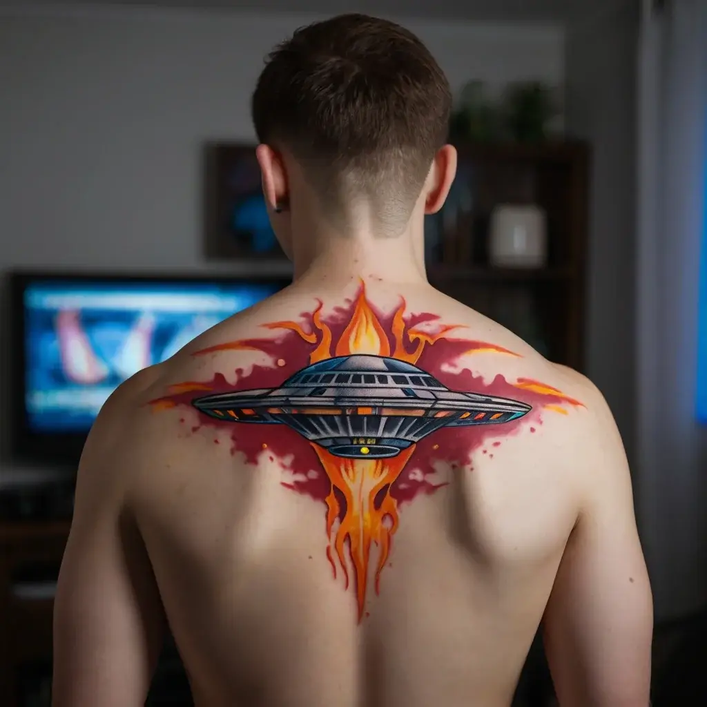 Back tattoo of a UFO with fiery trails, blending neon colors and realism for a dynamic, vibrant appearance.