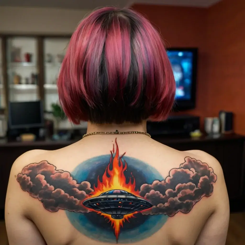 Colorful UFO tattoo on back, with flames and smoke, set against a blue sky background, symbolizing mystery and adventure.