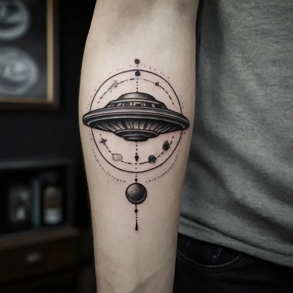 Tattoo of a UFO surrounded by orbiting planets and stars, with detailed linework and dot elements on the forearm.