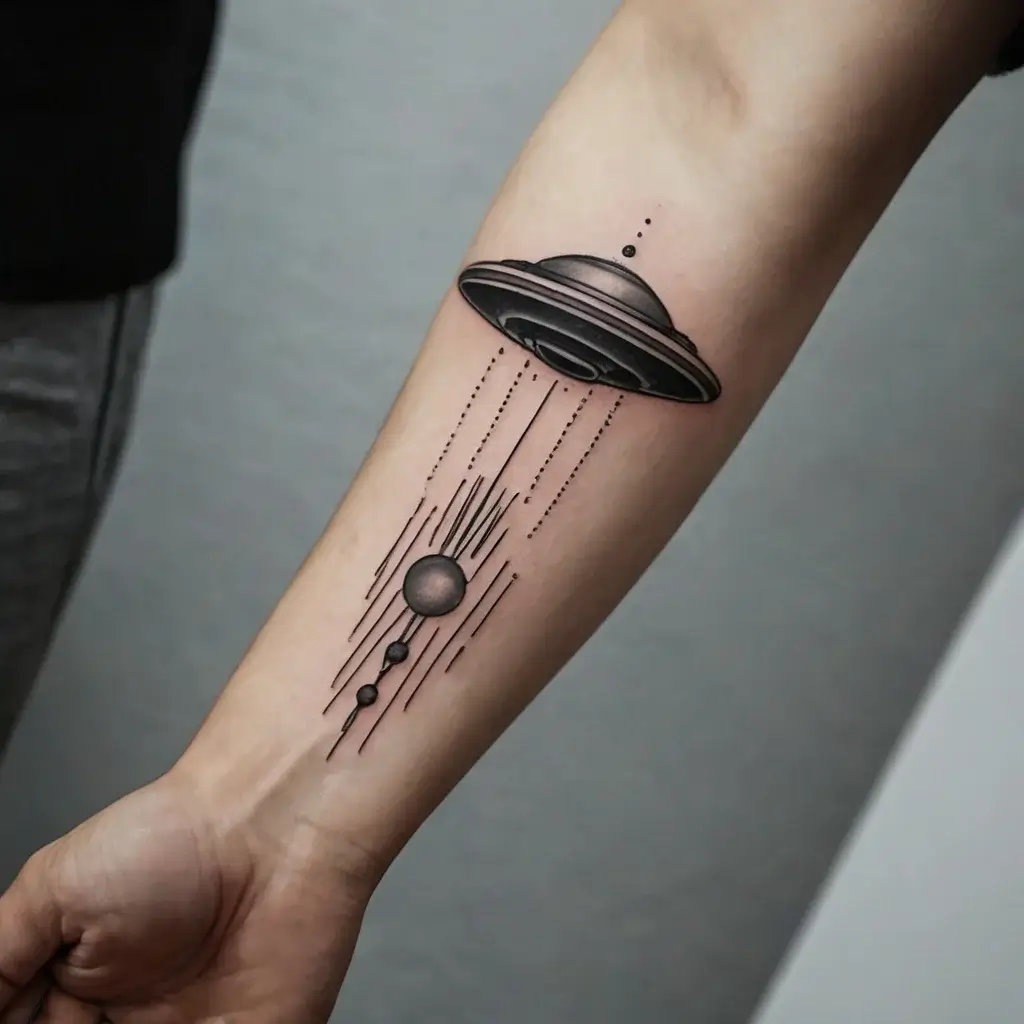 Tattoo of a UFO with geometric lines and planets, creating a cosmic, surreal design on the forearm.