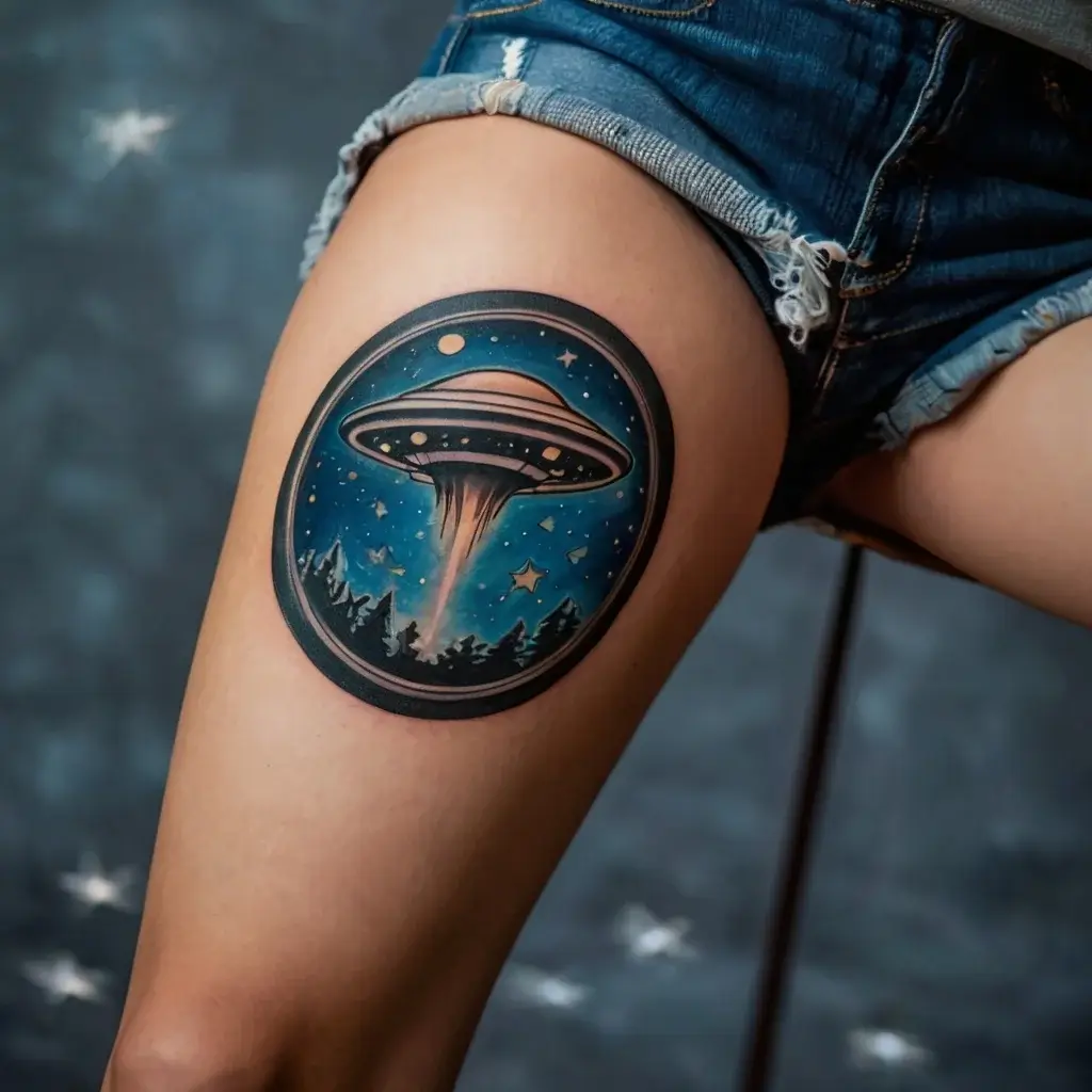 UFO tattoo with beam over forest, set in a night sky with stars, capturing a whimsical sci-fi theme.