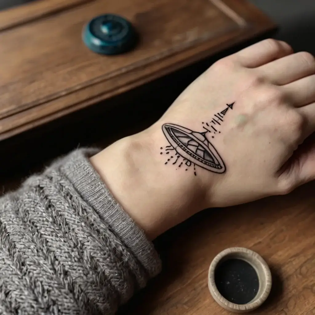 UFO tattoo on wrist with geometric lines and dots, featuring a beam pulling up a small figure, symbolizing mystery and exploration.