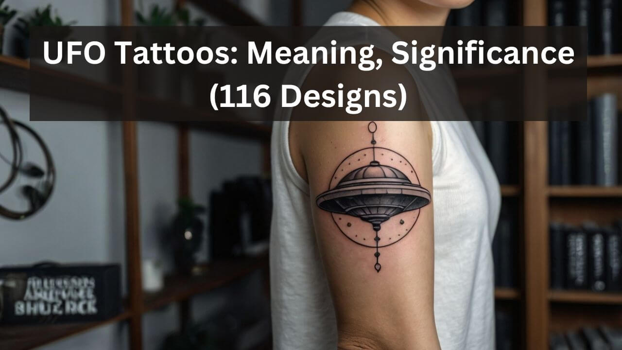 Tattoo of a detailed UFO tattoo on an arm, encircled by small dots and lines, creating a celestial, cosmic feel.