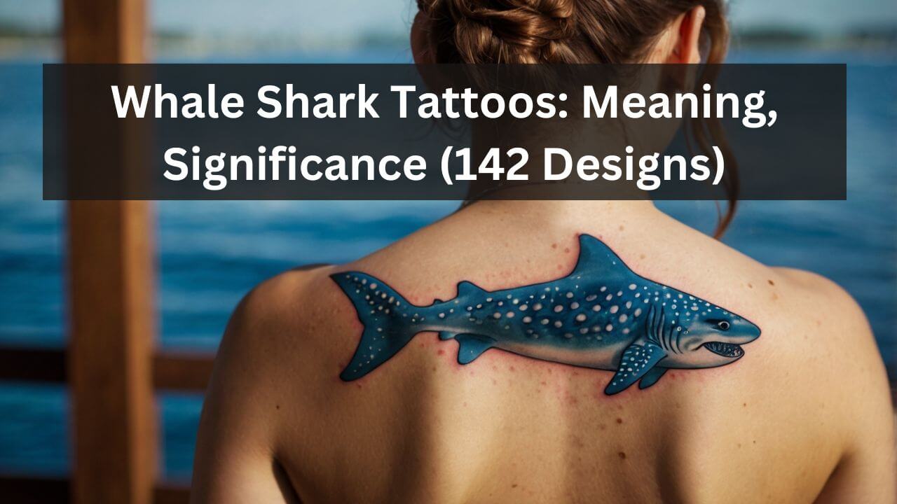 Colorful whale shark tattoo on back, symbolizing grace and resilience, with intricate dot patterns and a flowing form.