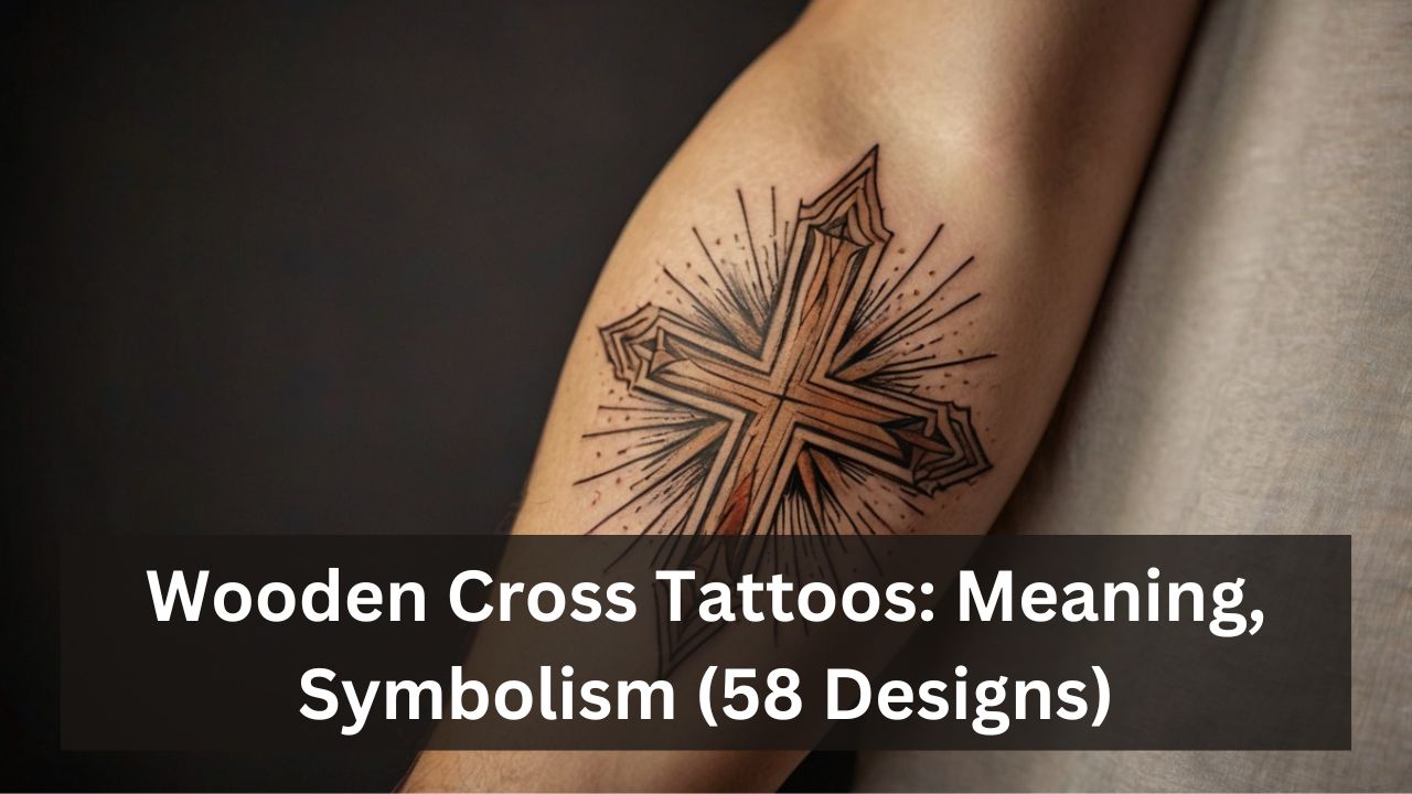 Tattoo of a wooden cross with bold black outlines, surrounded by rays for a radiant effect.