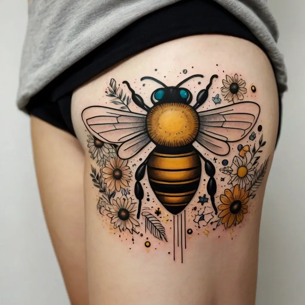 Stylized bee tattoo with vibrant wings, surrounded by sunflowers, leaves, and dots, creating a lively natural motif.