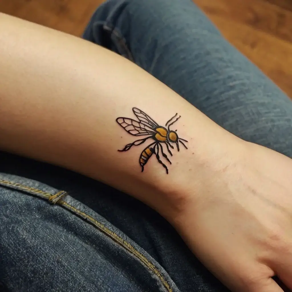 Tattoo of a bee with intricate black outlines and yellow accents, symbolizing diligence and community.