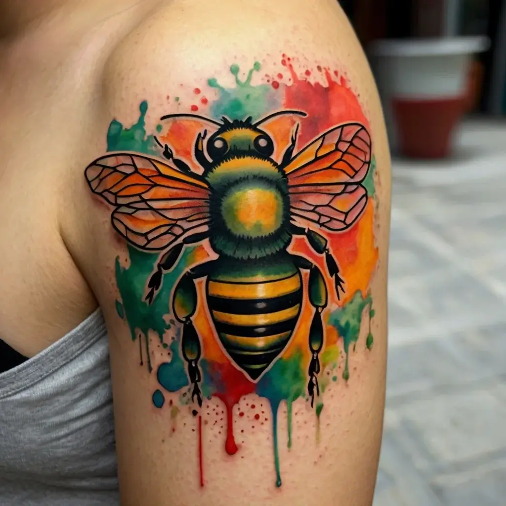 A vibrant bee tattoo with a watercolor splash background in red, green, and blue on the shoulder.