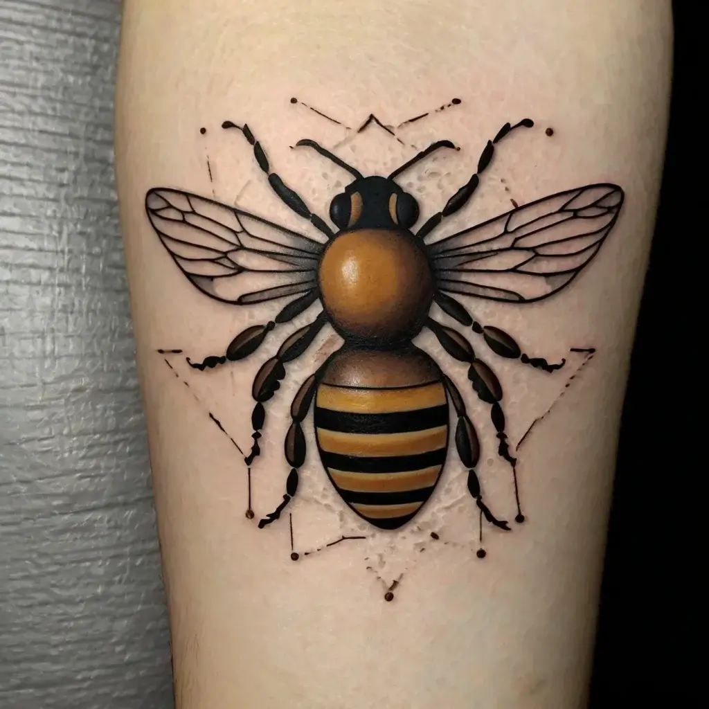 A realistic bee tattoo with detailed wings and vibrant yellow-black stripes, surrounded by geometric dot patterns.