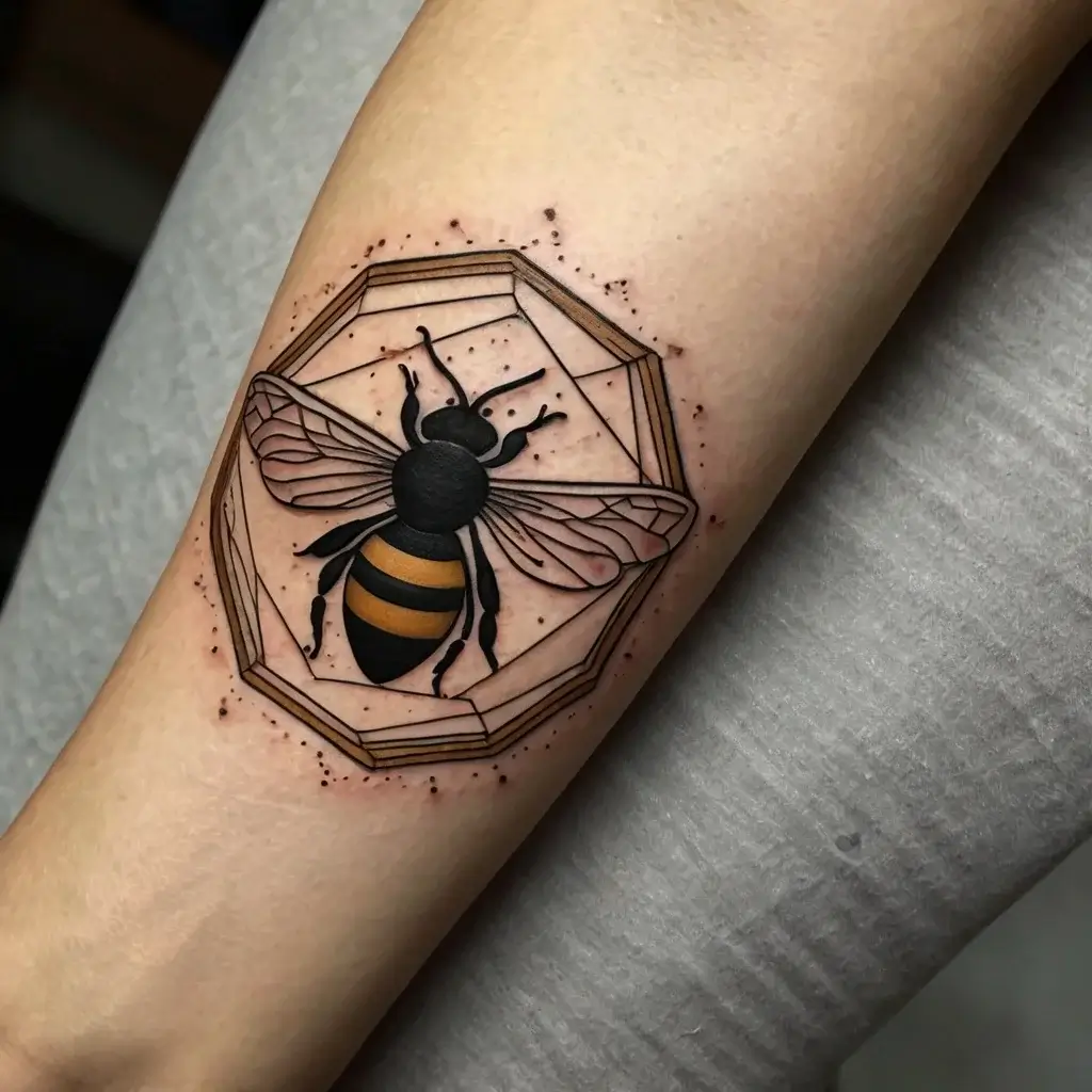 Geometric bee tattoo with bold black and gold detailing, surrounded by a hexagonal frame and dot accents.