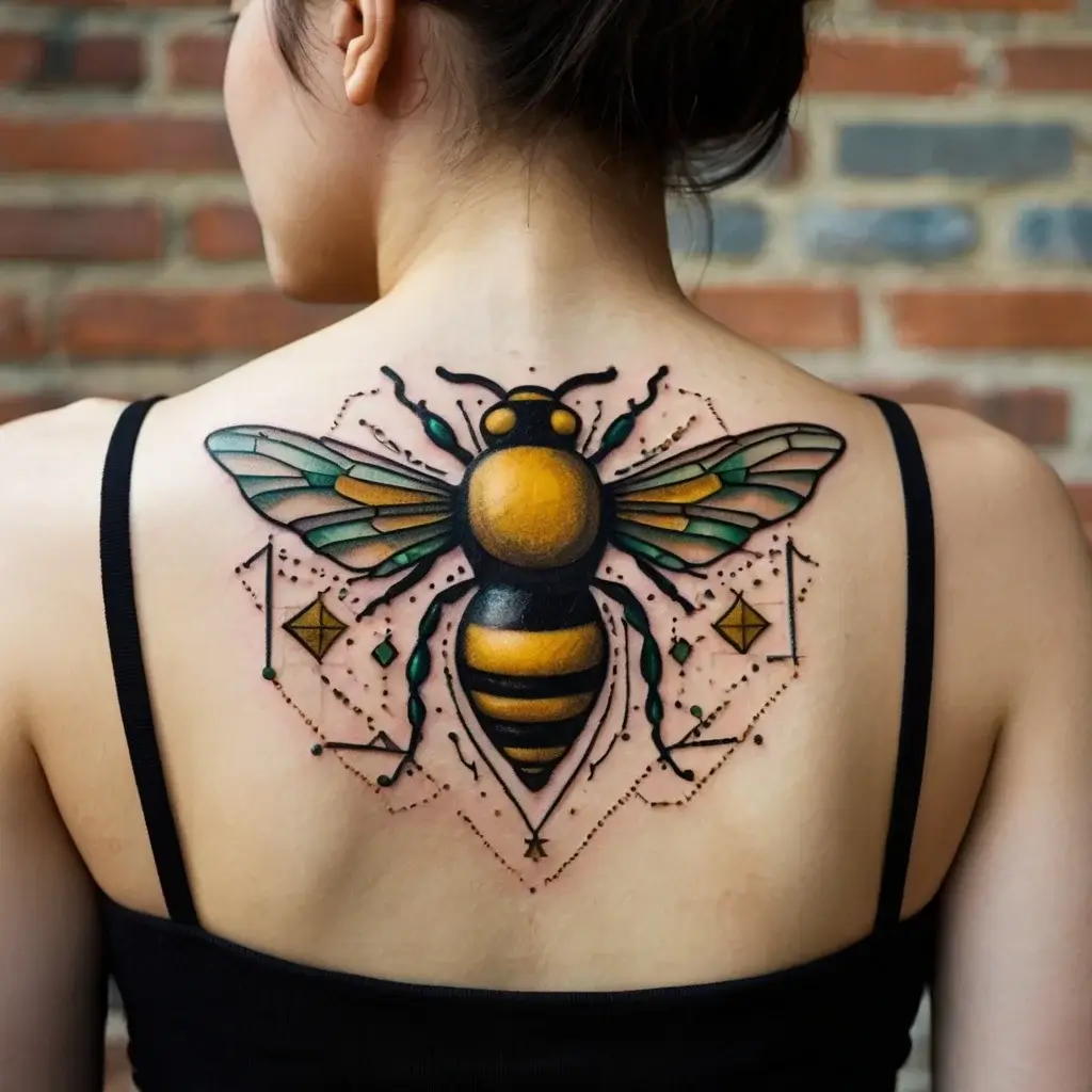 Large bee tattoo with vibrant yellow and black details, geometric lines, and dots, centered on upper back.