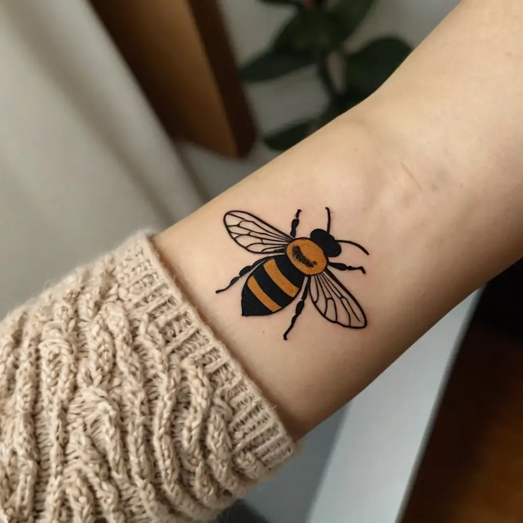 Tattoo of a stylized bee with bold black and yellow stripes, intricate wings, on forearm, symbolizing hard work and unity.