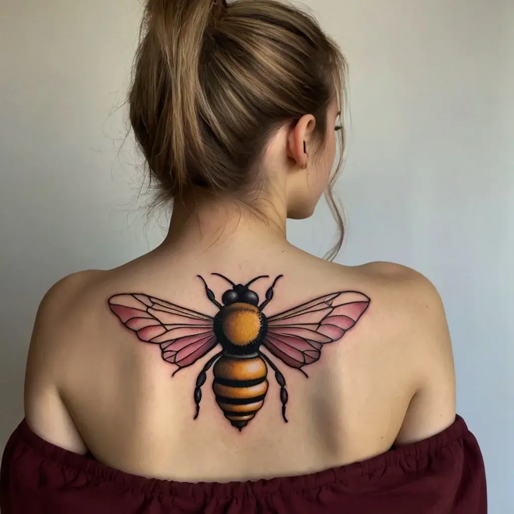 A vibrant tattoo of a bee on a woman's back, featuring detailed wings with shades of pink and realistic body shading.