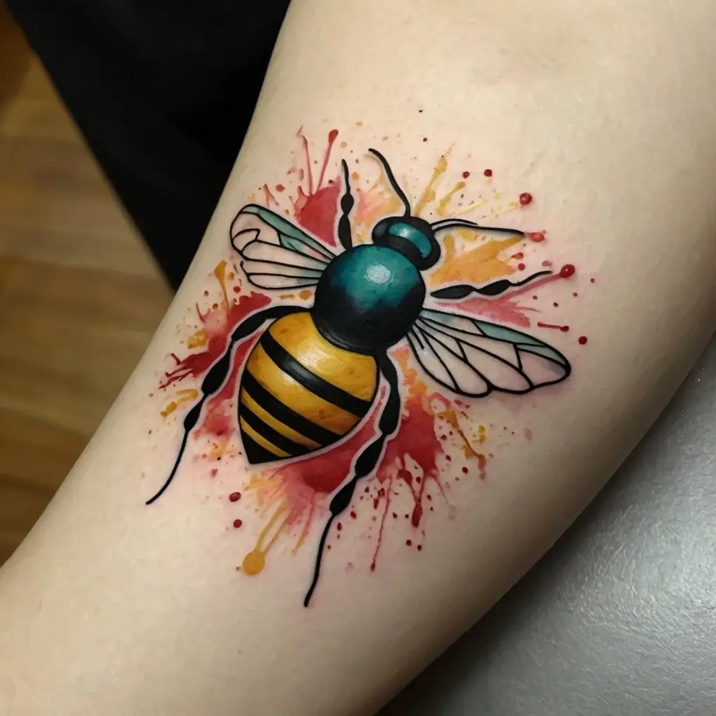 Tattoo of a realistic bee with vibrant wings, set against a bold red and orange watercolor splash background.