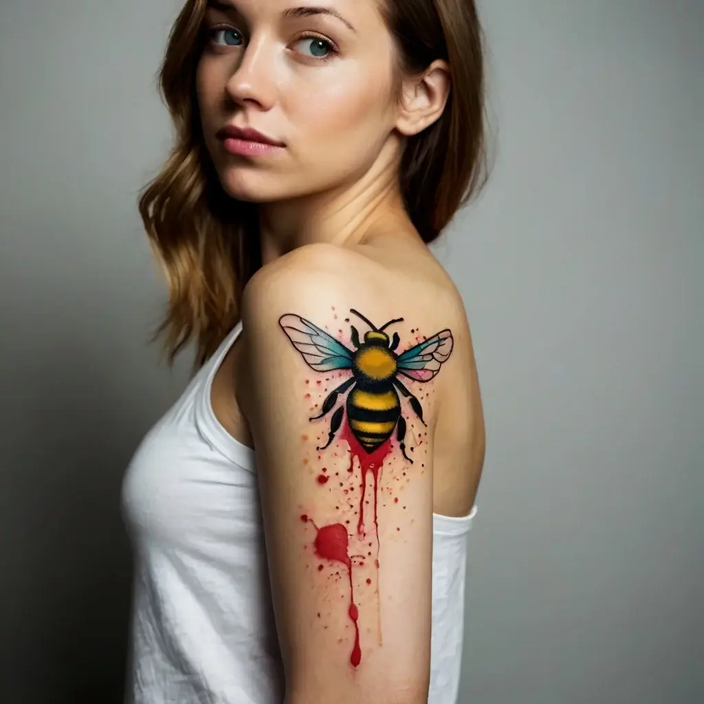 Tattoo of a vibrant bee with colorful wings perched on a dripping red paint effect on the upper arm.